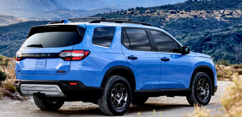 For 2023 the Pilot, Honda’s three-row SUV, has been re-engineered and re-styled. The Trailsport version—shown in Diffused Sky—is said to be capable of moderately difficult off-road terrain, but it hasn’t lost any pavement panache.