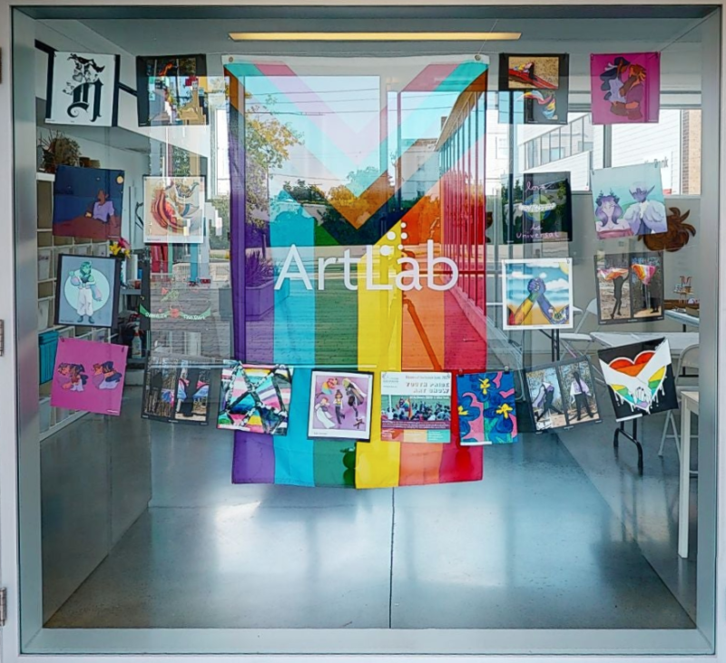 The ArtLab window at Center for Maine Contemporary Art displaying art by LGBTQ+ and allied youth during Pride Month. Photo by David Clough Photography. (Photo courtesy OUT Maine)