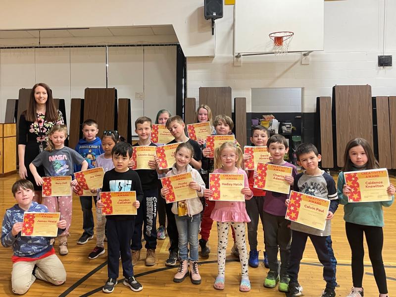 Creativity Award Recipients: Front: James Heald, Jayden Callahan, Phoebe Edwards-Jenks, Hadley Hatch, Charlie Adams, Calvin Paul, Caidence Knowlton. Middle: Rory Hall, Joy Chen, Lincoln Quint, Caleb Stinson, Christian Couch, David Alvarez. Back: Principal, Ainslee Riley, Corban Jackomino, Charlie Chamberlain, Mylee Anderson. (Photo courtesy Thomaston Grammar School)
