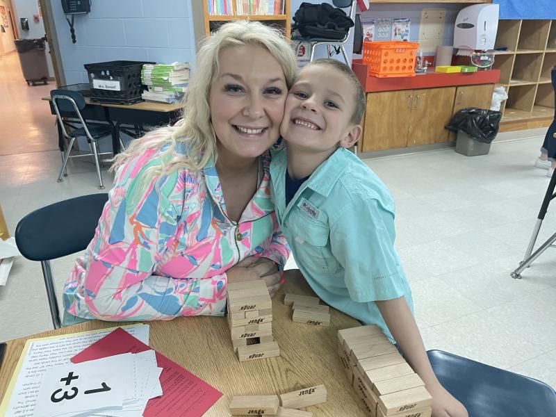 Ashley and Kevin Secotte play math Jenga together. (Photo courtesy Thomaston Grammar School)