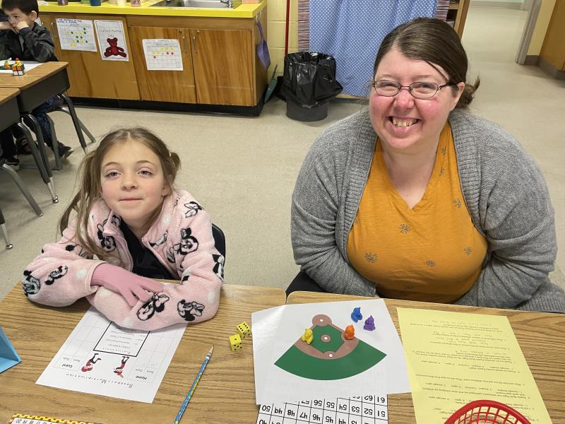Ella and Heather Hamlin compete in a game of math baseball. (Photo courtesy Thomaston Grammar School)