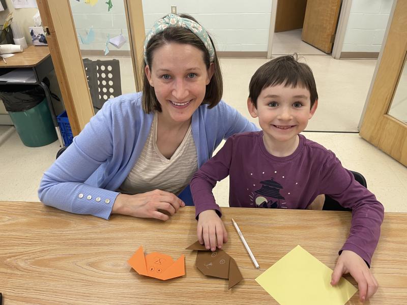 Sara and Charlie Adams create origami dogs. (Photo courtesy Thomaston Grammar School)