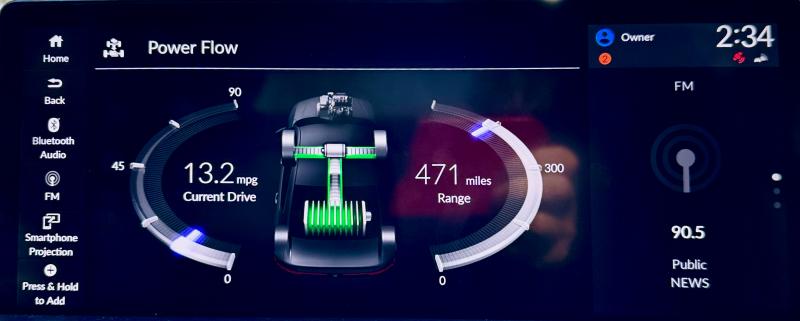 The Power Flow screen for Honda’s two-motor hybrids. In this snapshot, driving power (to the front wheels) is coming from the electric motor (and the battery pack, at the rear) only; it’s early in the trip, too, as the fuel efficiency has only reached 13.2 MPG. On secondary roads, we averaged 44 MPG; Honda claims up to 51 MPG is possible in city driving.