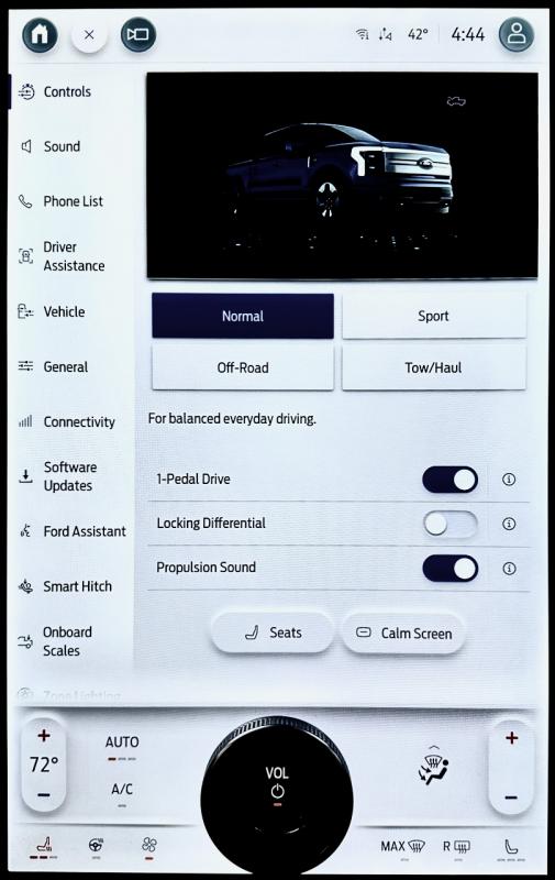 The Lightning is all about screens, information, adjustability and apps. Here, note the four drive modes and that one-pedal driving is activated, along with “Propulsion Sound”—an EV can creep through an intersection quietly enough to startle pedestrians who are staring at their phones.