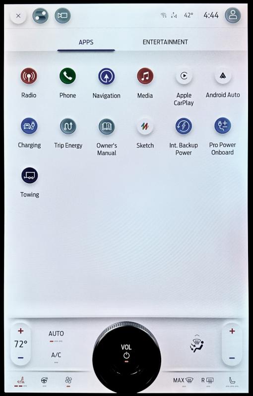 The Lightning offers apps galore as well as an onboard WiFi hotspot. At the bottom of the screen are climate control adjustments, seat and steering wheel heat settings and the stereo on-off and volume controls.