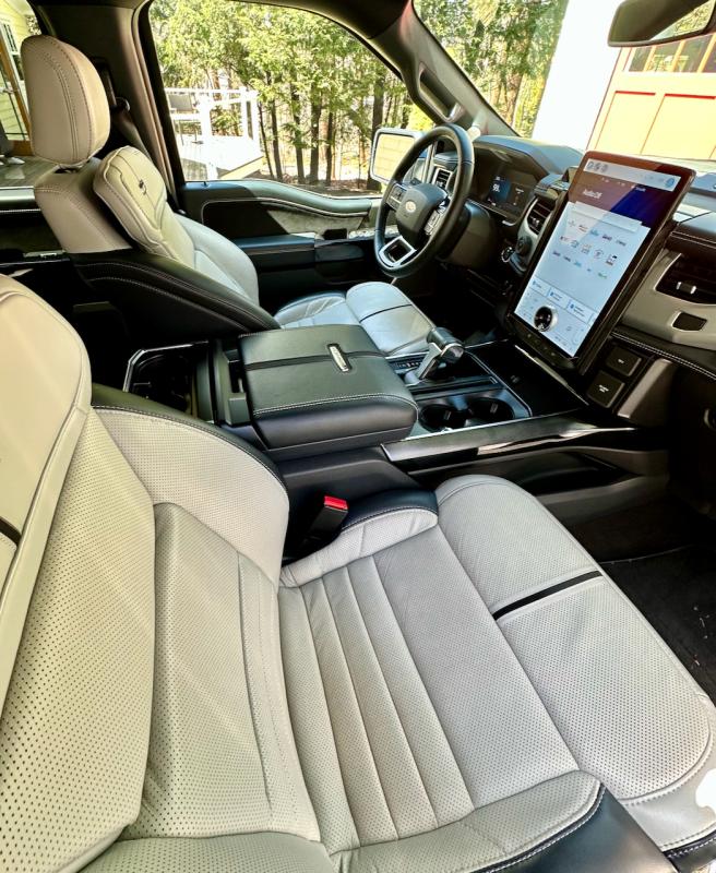 Comfortable, highly adjustable heated seats and a clear and user-friendly touchscreen are the high points of the Lightning Platinum’s cabin. The shift lever folds flat to create a “desk” for a laptop computer.