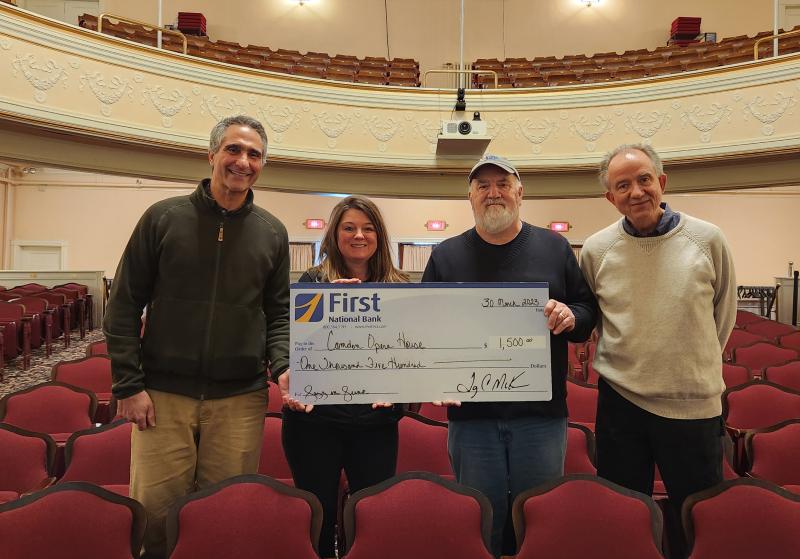 Celebrating their Jazz in June donation are, from left, Gary Stone, Senior Portfolio Manager and Senior Business Development Officer for First National Wealth Management; Necole D. Janczura, Business Development Officer for First National Bank and First National Wealth Management; Jazz in June founder/director Matt Brown; and Camden Opera House Manager Dave Morrison. (Photo by Dagney C. Ernest)