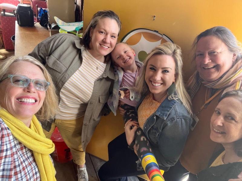 Patrisha McLean, founder/president of Finding Our Voices with, from left to right from the Knox County Homeless Coalition: Becca Gildred, Chief Development Officer; Ollie Feeny, daughter of Molly; Molly Feeney, Chief Program Officer; Steph Primm, Executive Director; and Elinor Weissman, Senior Case Manager. (Photo by Patrisha McLean)