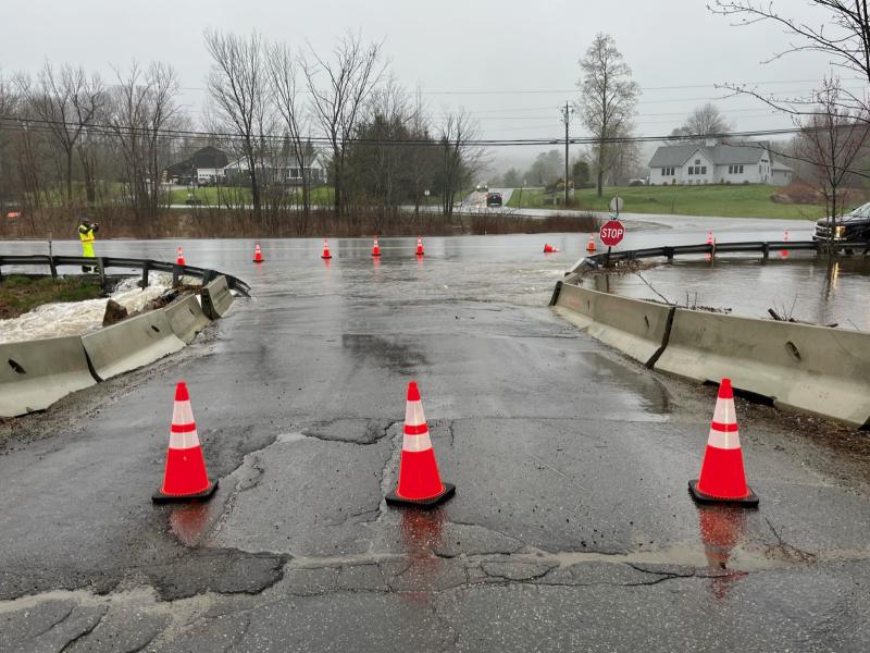 The intersection of Robinson Road and Route 90 in Rockport is again closed to traffic. Last year, the culvert was completely destroyed, and then repaired, following a storm. (Photo courtesy Renee Heal)