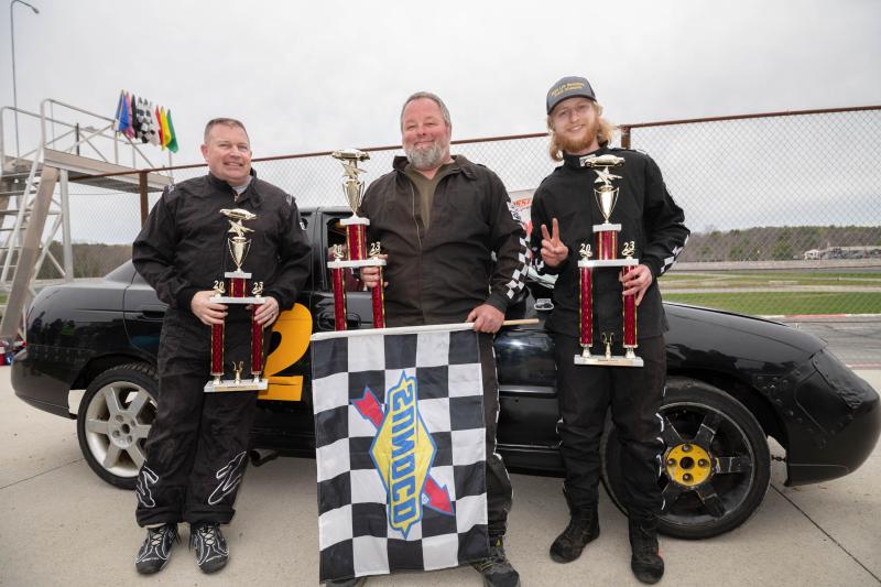 Roadrunner Victory Lane: From left - David Whitelaw, Chip Farrington and Noah McGrath. Steve Girard/SGirardPhotography
