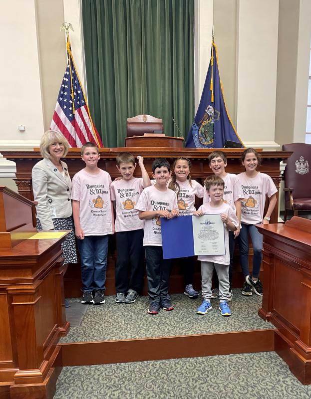 Rep. Vicki Doudera, D-Camden, welcomed the fifth-grade Destination Imagination Team from Camden-Rockport Middle School to the State House Wednesday. The students were recognized by the Legislature for winning the State Championship and advancing to the Global Destination Imagination championships in Kansas City, Missouri, last month. (Photo courtesy Maine Legislature Democratic Office)
