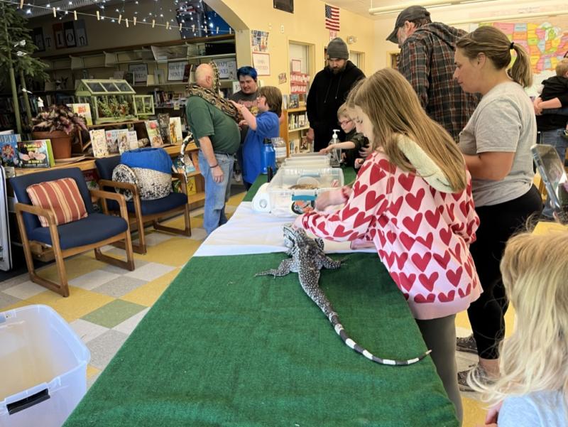 Mr. Drew brought a variety of animals including two snakes, some lizards, a scorpion, Madagascar hissing cockroaches, a tarantula, a turtle, and a 50-pound tortoise named Tank. (Photo courtesy Brenda Thomas)