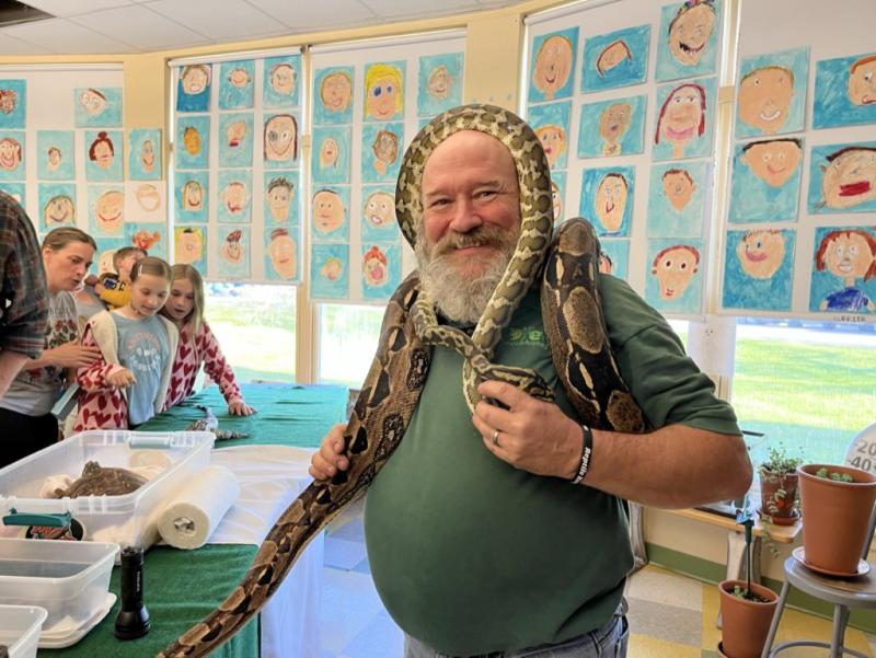 Mr. Drew brought a variety of animals including two snakes, some lizards, a scorpion, Madagascar hissing cockroaches, a tarantula, a turtle, and a 50-pound tortoise named Tank. (Photo courtesy Brenda Thomas)