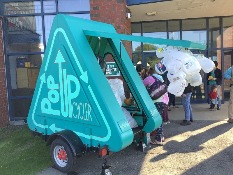 Rockland artist Kim Bernard brought her Pop UpCylcer and showed students how to turn #2 plastics into art. (Photo courtesy Brenda Thomas)