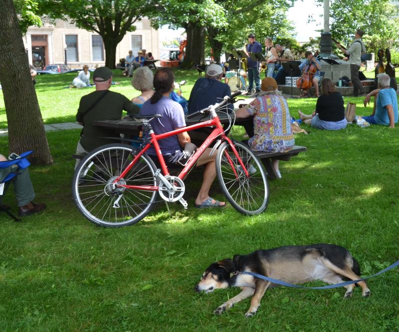 Relaxing and listening to the music on the Camden Village Green. (Photo by Lynda Clancy)