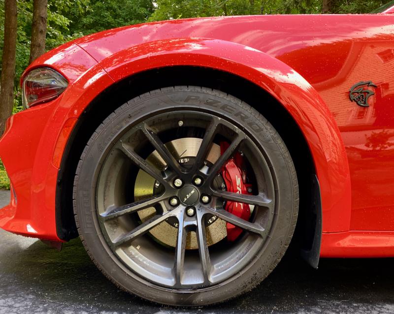 A serious powerplant demands serious brakes. These are Italian-made 6-piston Brembo anchors inside 20-inch, deep-dish forged-aluminum wheels with top-rated Pirelli P Zero tires.