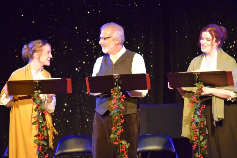 Rehearsal photo from Snowlion Repertory Company’s Facebook page, features, from left, Emily Bartley as Marion Jeddler, Alan McLucas as Dr. (and dad) Jeddller, and Mary Johnston Latellier as Grace Jeddler.