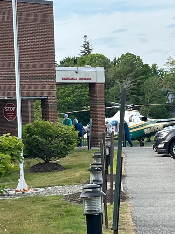 A LifeFlight helicopter lifts off from the hospital June 7, 2022, with Paige Smith aboard, taking her to Maine Medical Center, in Portland. (Photo courtesy Paige Smith)