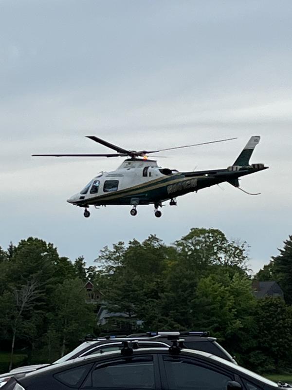 The LifeFlight helicopter enroute June 7, 2022, with Paige Smith aboard to Maine Medical Center, in Portland. (Photo courtesy Paige Smith)