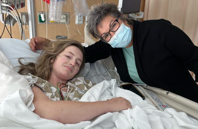 Paige at Maine Medical Center with with LifeFlight RN Lori Metayer.