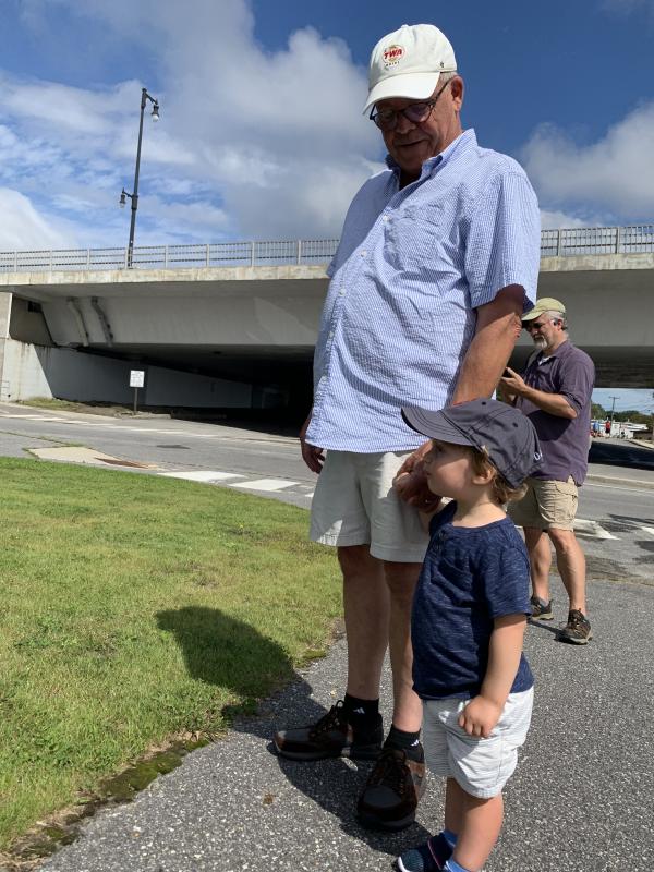 Georgetown’s Geoff Birdsall brought grandson Otto, 2, to see the train in Bath Saturday. Birdsall said they might take it sometime if their whole family could do it. SUSAN JOHNS/Wiscasset Newspaper