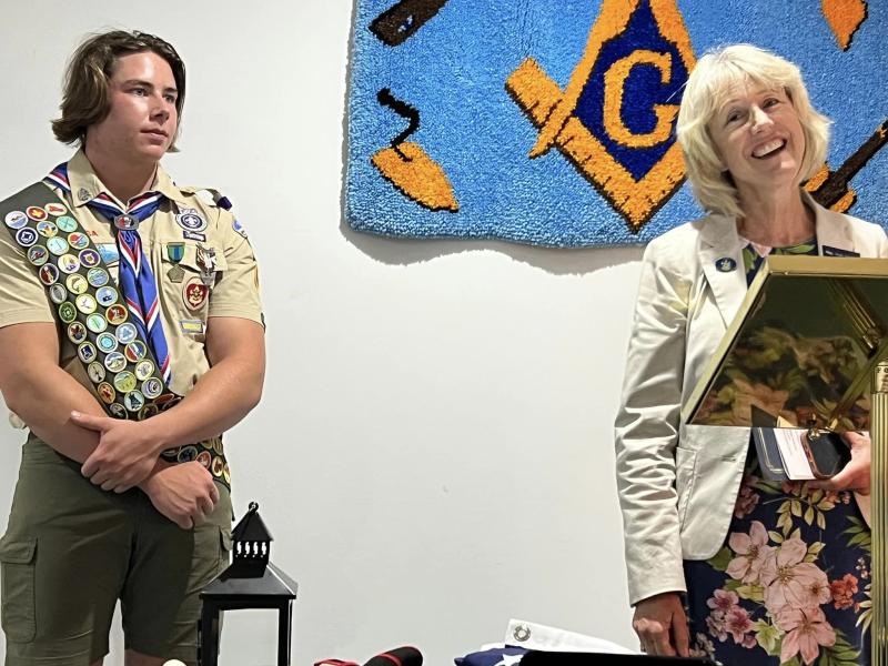 State Rep. Vicki Doudera (D-Camden) whose son is an Eagle and she married an Eagle and previously served as Den Leader at Pack 200, was one of several dignitaries to honor Matthew during his ceremony. (Photo courtesy Chuck Mahaleris)
