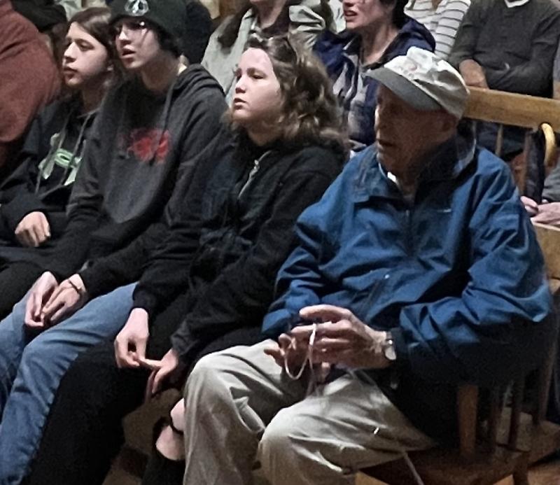 Don Heald in the front row at the Grange this spring. He could not stop talking about how thrilled he was to take in one more bean supper at the old Grange. (Photo by Tracee O’Brien)