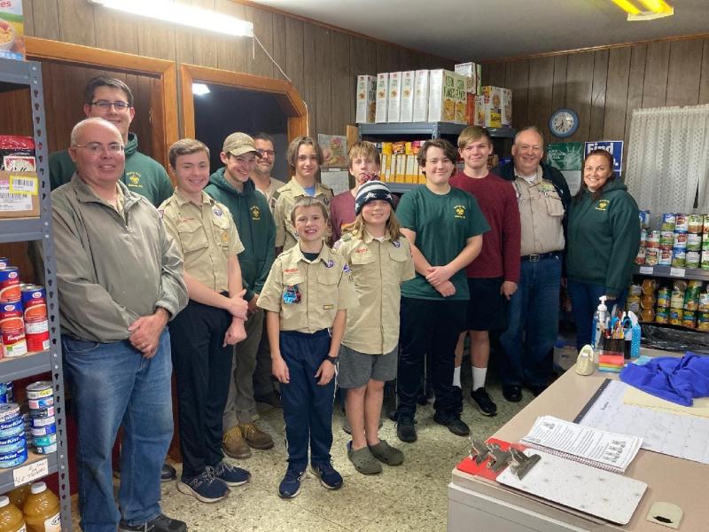 Troop 401, Sidney, during last November's Scouting for Food Drive:
Front – Willie LeHay, Zachary LeHay, Parker LeHay, Anderson Diehl, Gregory Bard, Seth Sadler, Eric Handley and Daphanie Simpson. Second row starting with the tall Scout behind Willie – William Dudley, Dawson White, Issac Allarie and Gabe Steinberger. The guy in back behind Dawson and Issac is Dan Allarie. (Photo courtesy Chuck Mahaleris)