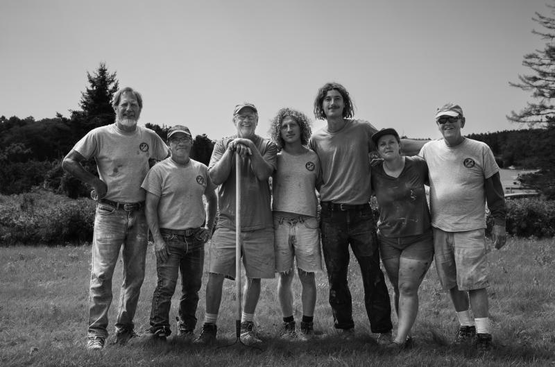 BRLT's 2023 Art for Acres Stone Symposium sculptors. From left are Andreas von Huene, John Catizone Jr, Dan Ucci, Sam Finkelstein, Joseph DiMauro, Isabel Catherine Kelley, with Dick Alden. Skye Wood/BRLT photo