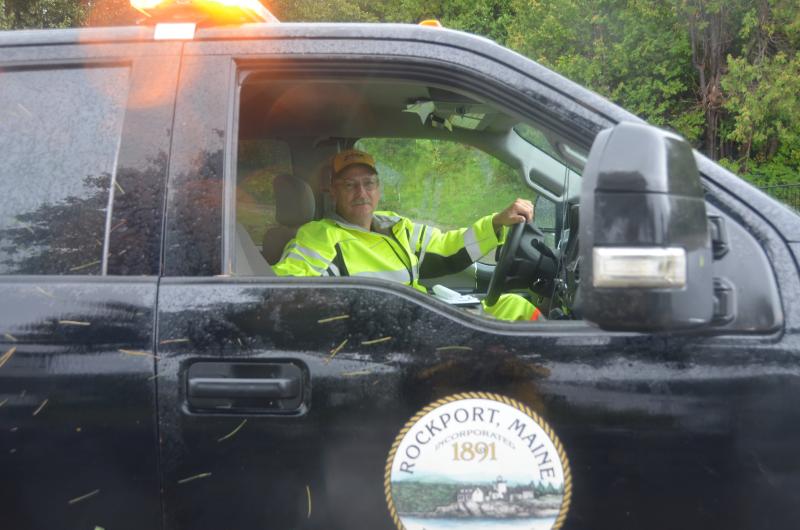 Mike Young, Rockport Public Works Director, driving from one storm scene to another, Sept. 16.