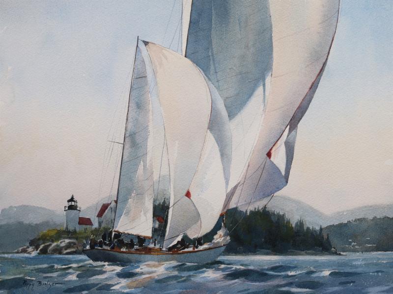 Poppy Balser, Swooping Into the Harbor, watercolor. (Photo courtesy Camden Falls Gallery)