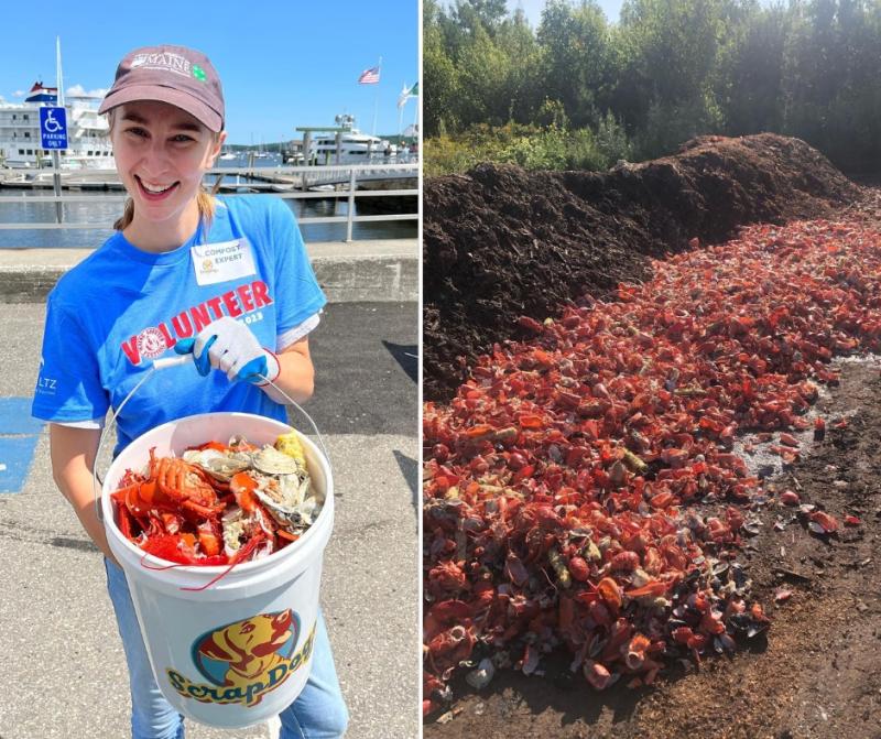 Tessa posing with one of the buckets. Scrapdogs Community Compost took between 8,000 to 10,000 pounds of discarded lobster shells from The Maine Lobster Festival this year. Photo courtesy Maine Lobster Festival