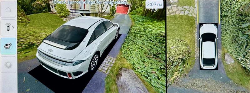 The Ioniq 6 also offers this unique rear-quarter backup-camera perspective in addition to the usual top-down 360-degree view. A computer stitches together data from cameras at each corner of the car to create these composite images. Non-US versions of the Ioniq 6 also have rear-facing cameras in place of wing mirrors.