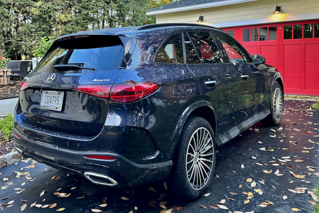 For 2023, the GLC 300—a compact, four-person SUV—became more luxurious and gained extra space in the cargo compartment. These are optional 20-inch wheels and this color is Nautical Blue Metallic.