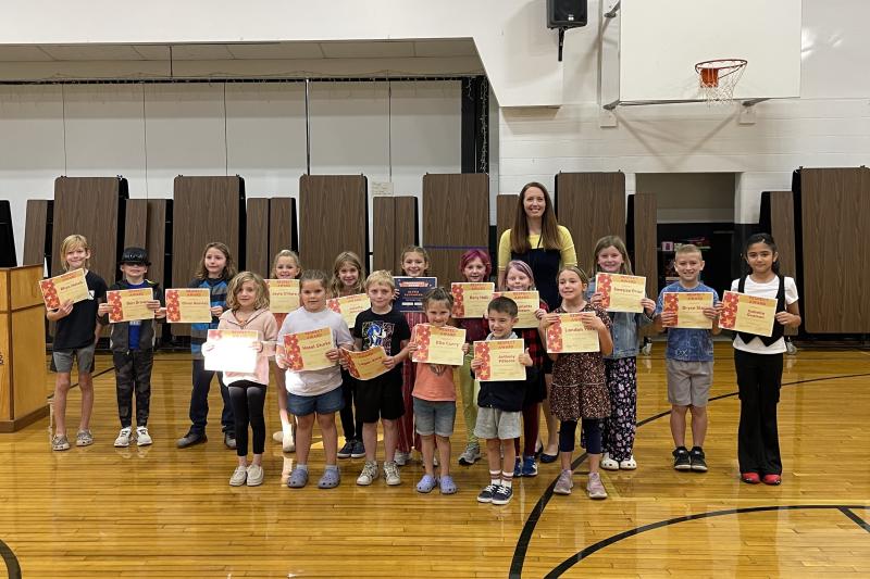 Respect award recipients. Front: Marley Johnson, Hazel Sturks, Logan King, Ella Curry, Anthony Pittocco, London York. Back: Rhys Hatch, Ben Brown, Oliver Reavely, Jayla O’Hare, Juliette Johnson, Alyvia Baughman, Rory Hall, Charlotte Ahearn, Principal Ainslee Riley, Swayze Prior, Bryce Slape, Isabella Guzman. (Photo courtesy Thomaston Grammar School)