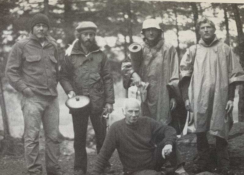 The Allagash four plus one. From left to right in back: Charlie Foltz, Chuck Rak, and the Weiner twins. Seated man came out of the woods, stayed for awhile, left, and never gave his name.