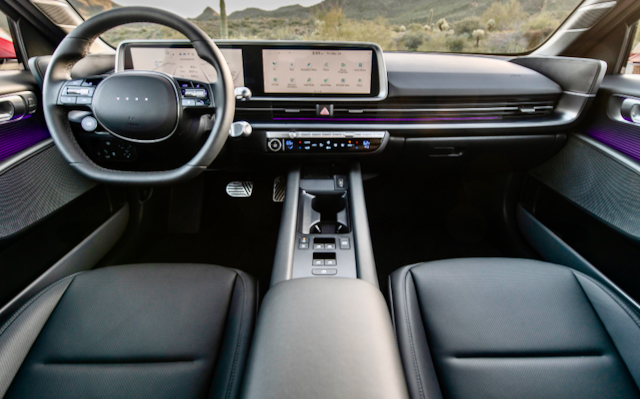 Think ‘minimalist design’ rather than ‘Spartan’: The Ioniq 6 Limited is very well equipped for comfort and convenience as well as safety. The lower knob protruding from behind the wheel is the gear selector: Rotate it one way for D, the other way for R and push in for Park. The button at 8:00 o’clock inside the wheel changes the drive modes: Eco, Normal, Sport. The driver’s seat retracts automatically when the ignition is switched off.
