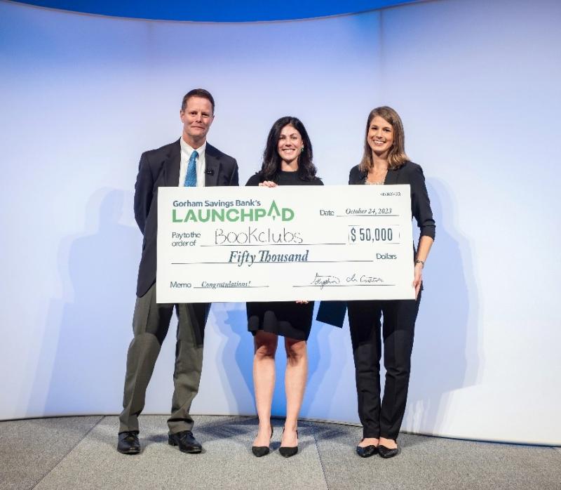 L to R: Gorham Savings Bank CEO Steve deCastro and Anna Ford of Bookclubs with Katie Grant, LaunchPad emcee and Commercial Banker at GSB. (Photo courtesy Gorham Savings Bank)