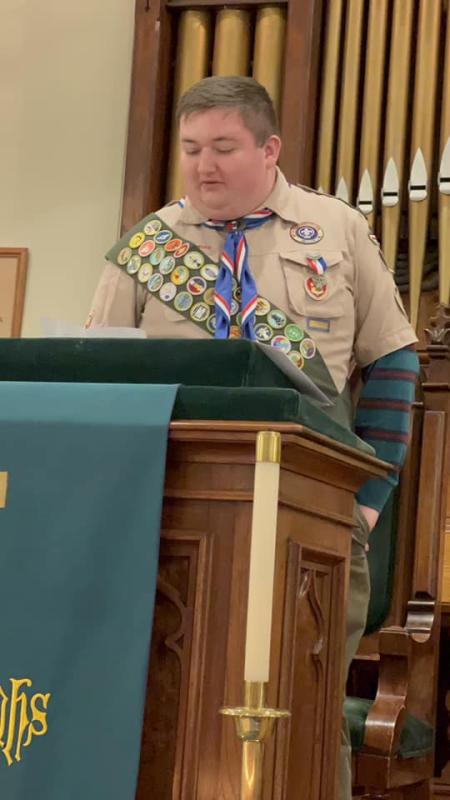 Eagle Scout Drew Swindler read a letter he had written thanking those in the audience and those who could not be present including former Scoutmaster Vern Bradeen, who passed in 2018. (Photo courtesy Chuck Mahaleris)