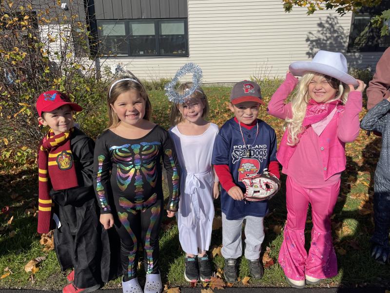 Mason VanHorn, Hazel Sturks, Aryanna Stewart, Ezra Blakey, and Giuliana Rubino dress for the Halloween costume parade. (Photo courtesy Thomaston Grammar School)