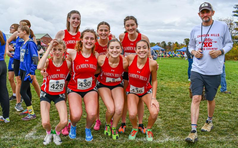 Camden Hills Regional High School Cross-Country Girls Team includes Bella Anderson, Audrey Heyniger, Faye Hildreth, Jaden Johnson, Flynn Layton, Cassie Middleton, Cara Rothwell, Siena Scordino, Margo Worner and Jenna VanRyn. (Photo courtesy Emily McDevitt)
