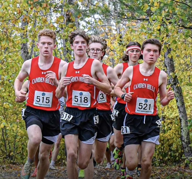 Camden Hills Regional High School Boys Cross-Country Team runners Walker Hedrich, Sam Tooley, Colin Wright, Graham Stoughton and Henry McDevitt. Team members not pictured are Zach Clement, Ian Kozielec, Will Meyer, Ben Pike and Ollie Wight. (Photo courtesy Emily McDevitt)