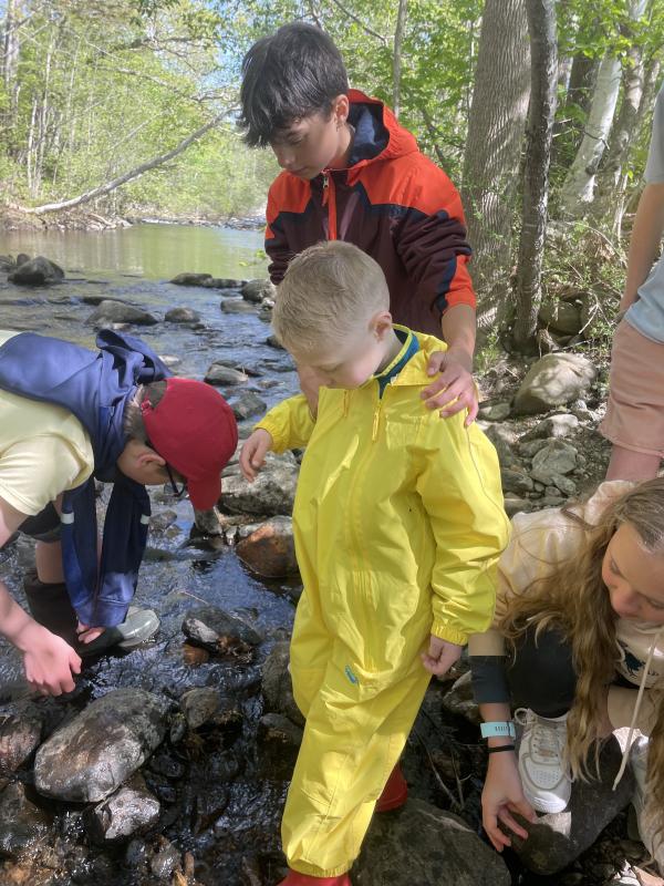 What lives in our river? With help from S.E.A. students from Camden-Rockport Middle School and Seaside Village Pre-School explore the Megunticook River together. (Photo courtesy Board of the Stewardship Education Alliance)