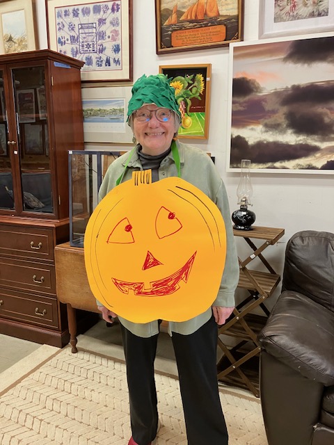 Volunteering at Midcoast Habitat's ReStore....as a pumpkin! (Photo courtesy Jane Schroeder)