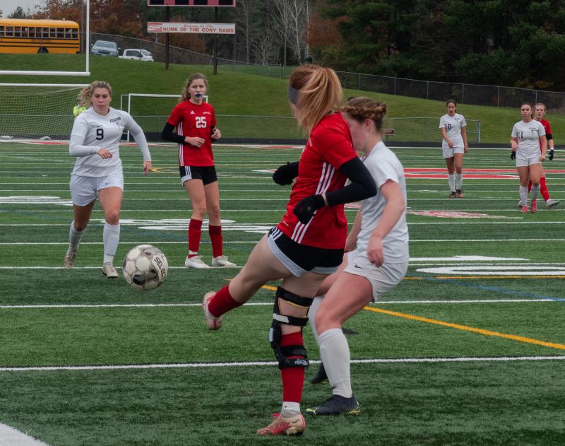 Camden and Brunswick girls varsity soccer teams met on the field in Rockport Nov. 4 in a fierce game that showed the strength of both teams. (Photo courtesy Caleb Carr)