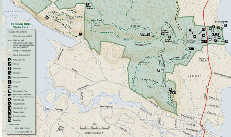 Camden Hills State Park trail map, courtesy Maine Dept. Agriculture, Conservation and Forestry