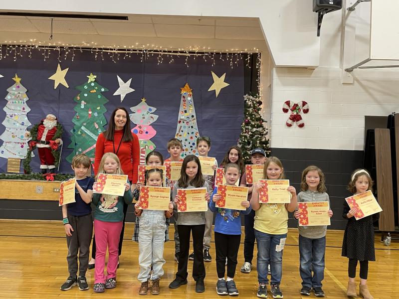 Empathy Award Winners: Front: Killian Walsh, Charlotte Ahearn, Ryleigh Gagnon, Caidence Knowlton, Wyatt Hendron, Kelly Trial, Ryman Ames-Allan, Aoife Miller. Back: Principal Ainslee Riley, Giuliana Rubino, Caleb Stinson, MJ Hall, Mya Rodriques, Cole Beal.