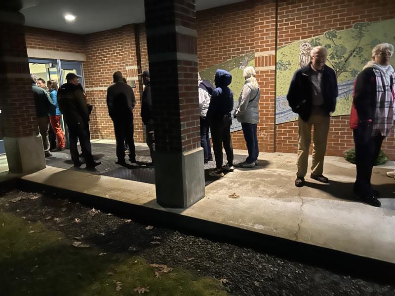 Lincolnville Residents wait patiently in line at LCS to vote on the moratorium. (Photo by Don French)