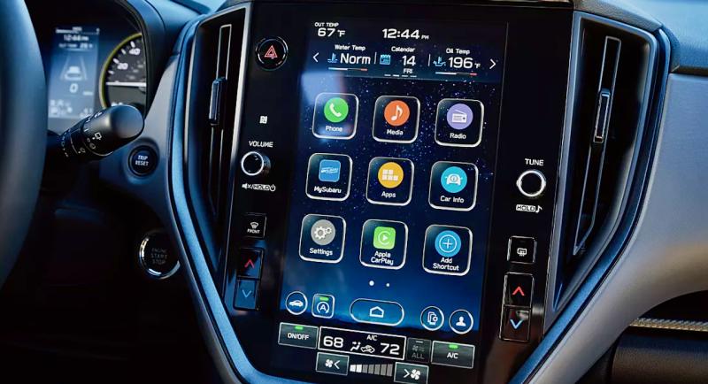For 2024, the Crosstrek gets the latest version of Subaru’s excellent Eyesight safety system and, finally, the Starlink multimedia Plus system. Apple CarPlay and Android Auto are available as well as a phone charger, all wireless. Base Crosstreks, however, come with a 7.0-inch display, not this 11.6-inch screen.