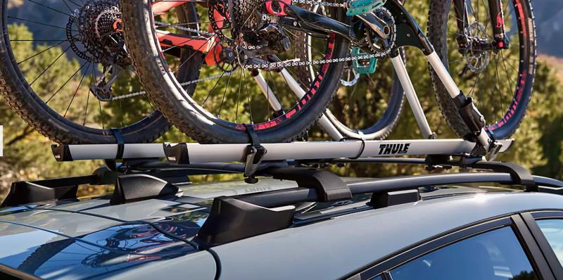 Along with the raised roof rails, Subaru dealers also offer these aerodynamic crossbars and the Thule bike carrier. At rest, the rack is rated for up to 700 pounds, which accommodates tent tops such as the Roofnest.